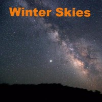 a graphic for winter skies program, night sky and the title