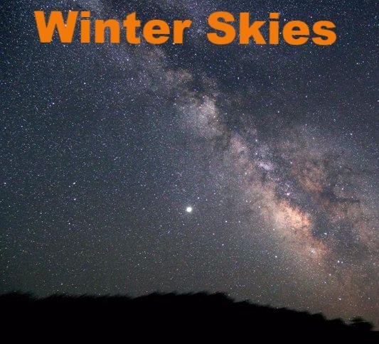 a graphic for winter skies program, night sky and the title